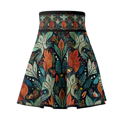 Skater Skirt, Retro Style Green & Gold Leaf Botanical Pattern, Wide Belt, Women's Fashion, Stylish A-Line Skirt, Flared Midi Skirt, Vintage
