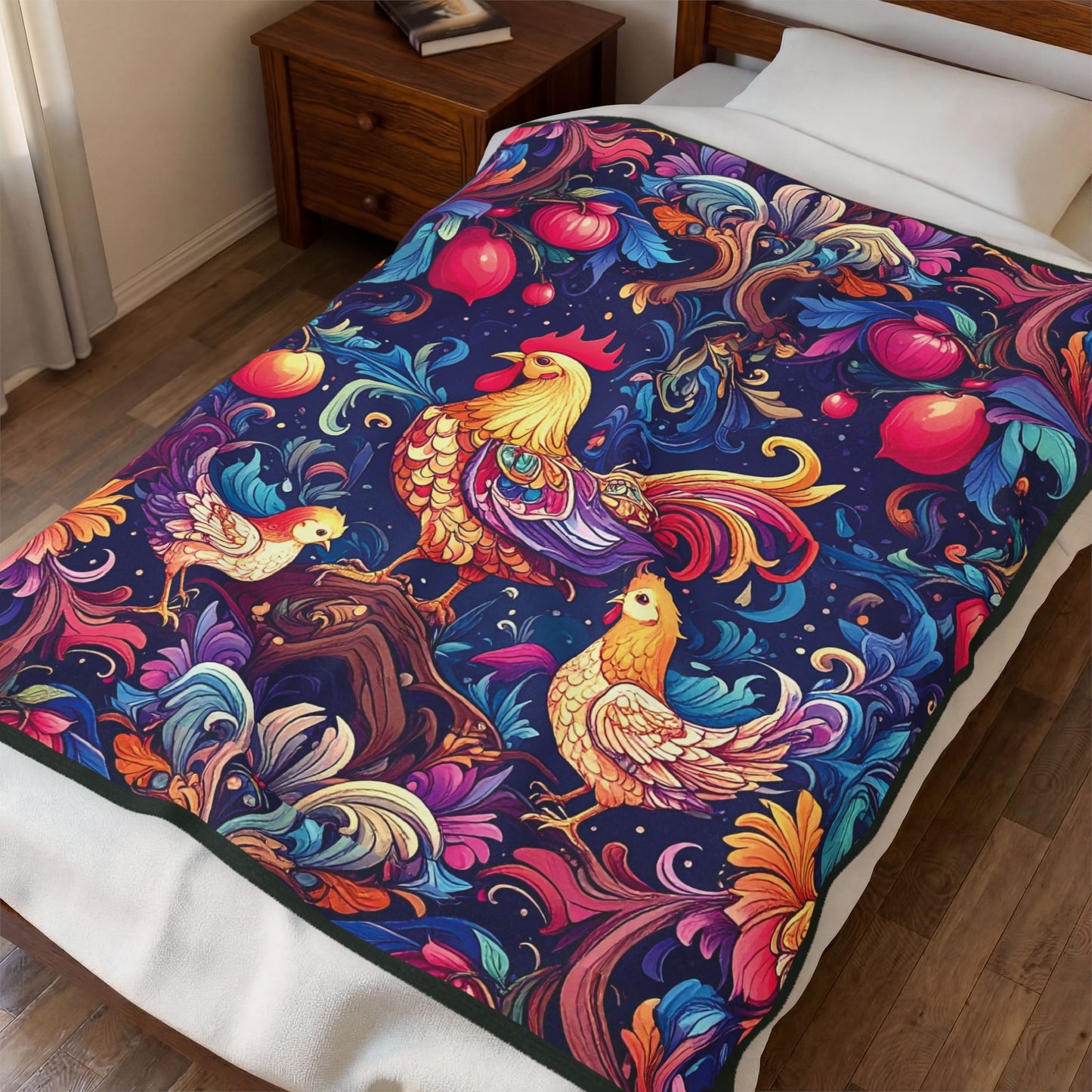 Colorful Rooster and Chicks Velveteen Plush Blanket | Folk Floral Pattern