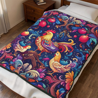 Colorful Rooster and Chicks Velveteen Plush Blanket | Folk Floral Pattern