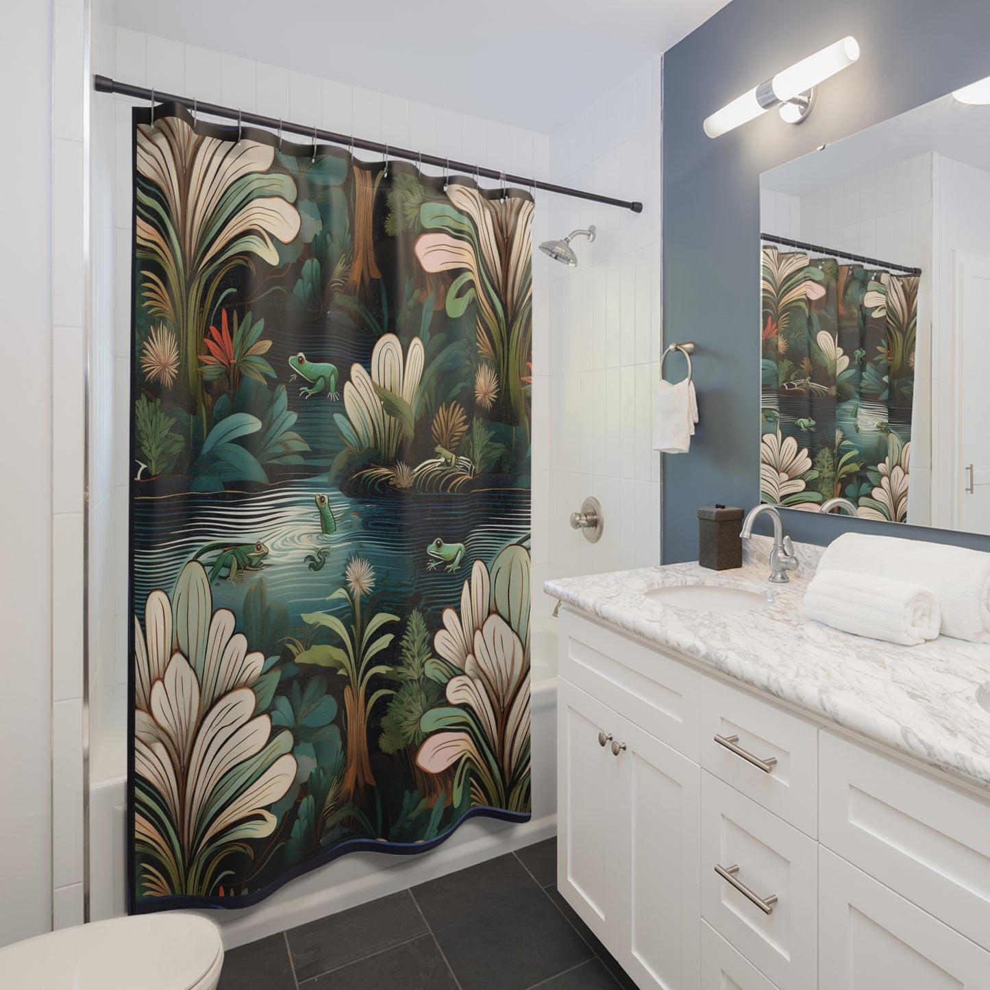 Nature-Inspired Shower Curtain with Frogs and Plants Design | Tropical Bathroom Decor