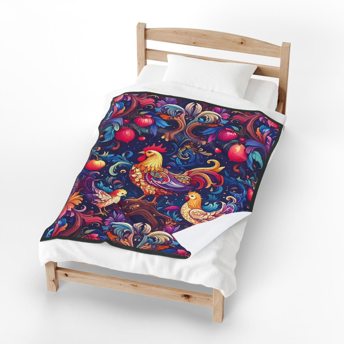 Colorful Rooster and Chicks Velveteen Plush Blanket | Folk Floral Pattern