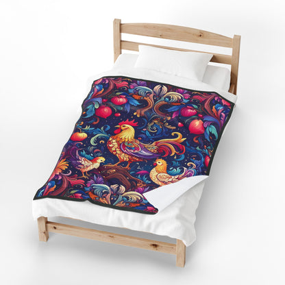 Colorful Rooster and Chicks Velveteen Plush Blanket | Folk Floral Pattern