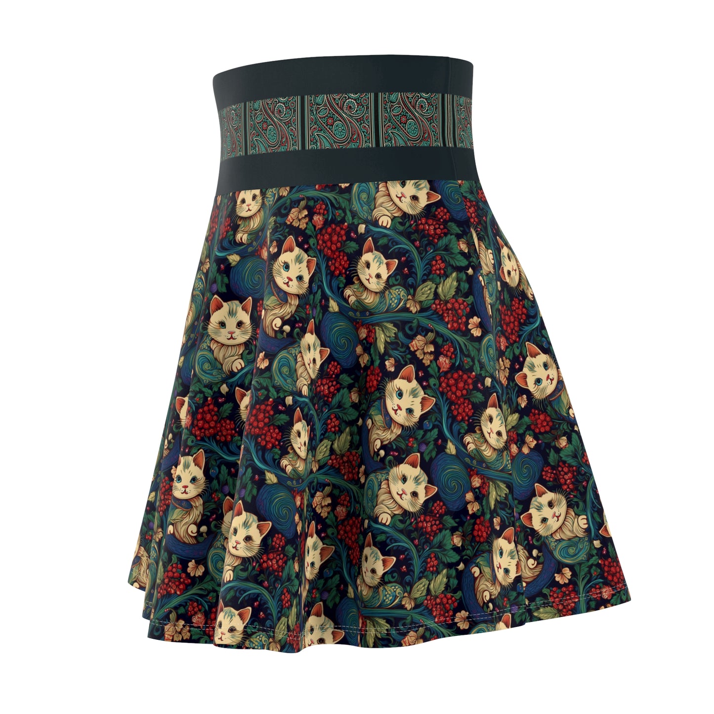 Whimsical Cat Print Skater Skirt for Women - Fun and Playful Design