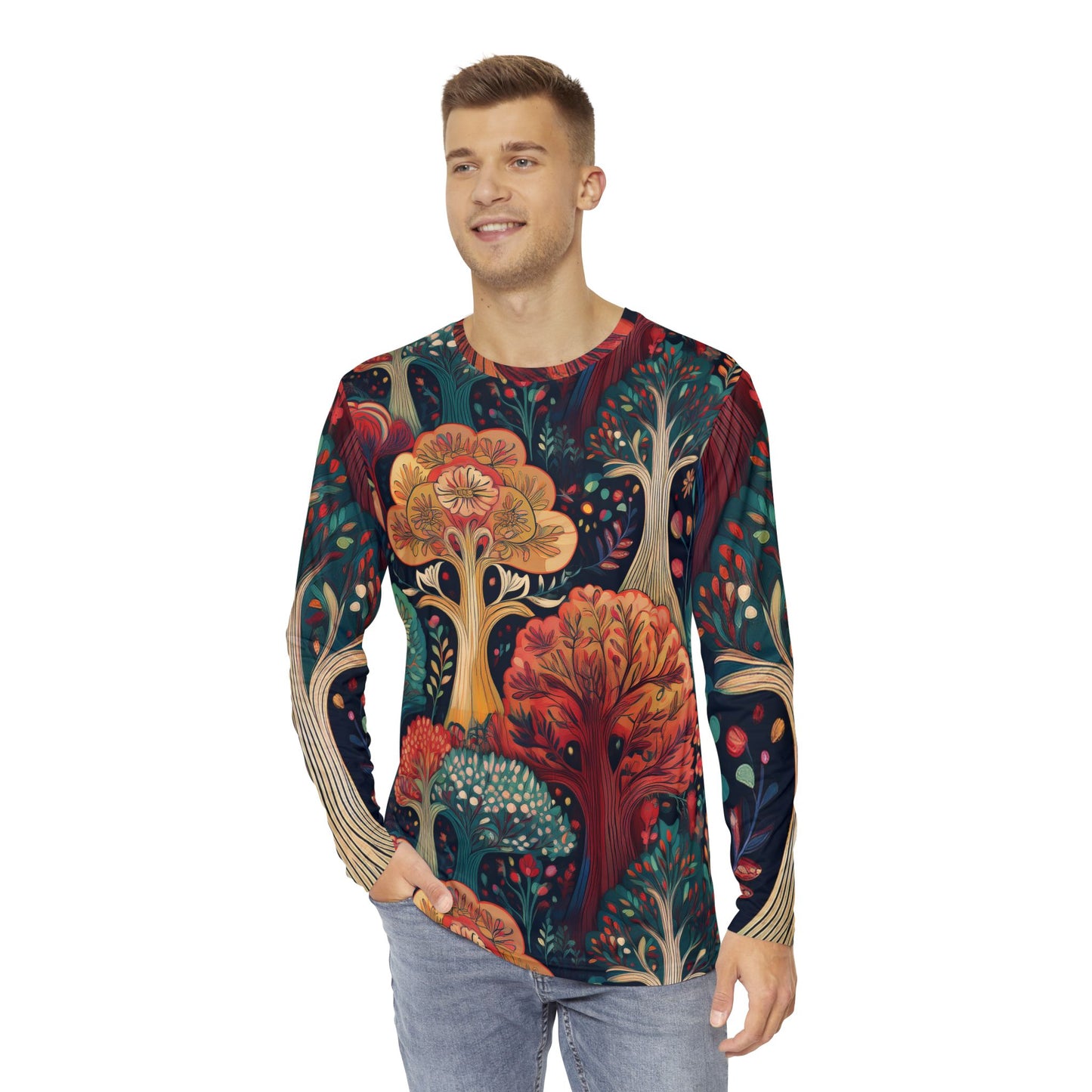 Nature-Inspired Men’s Long Sleeve Shirt - Vibrant Forest Design for Casual Style