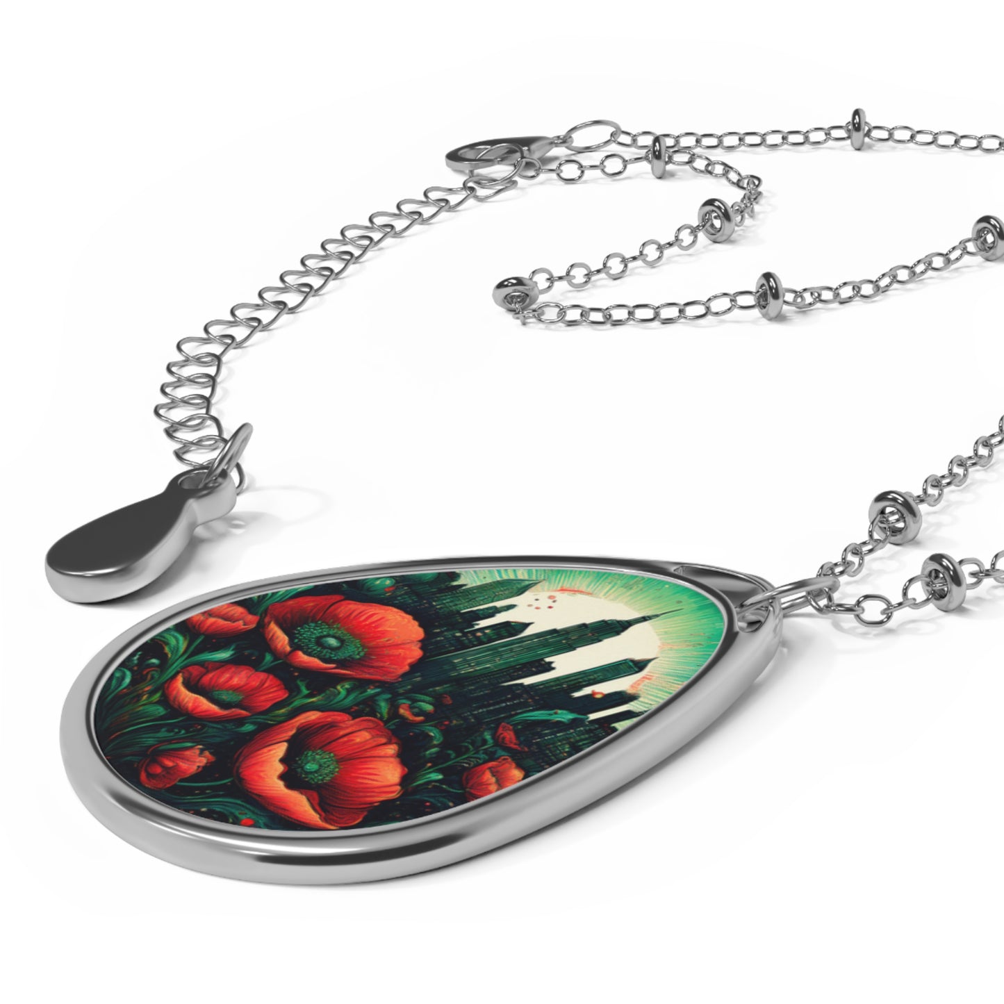 Emerald City Pendant, Poppy Field Charm, Colorful Oval Necklace, Wizard of Oz, Oz Jewelry,