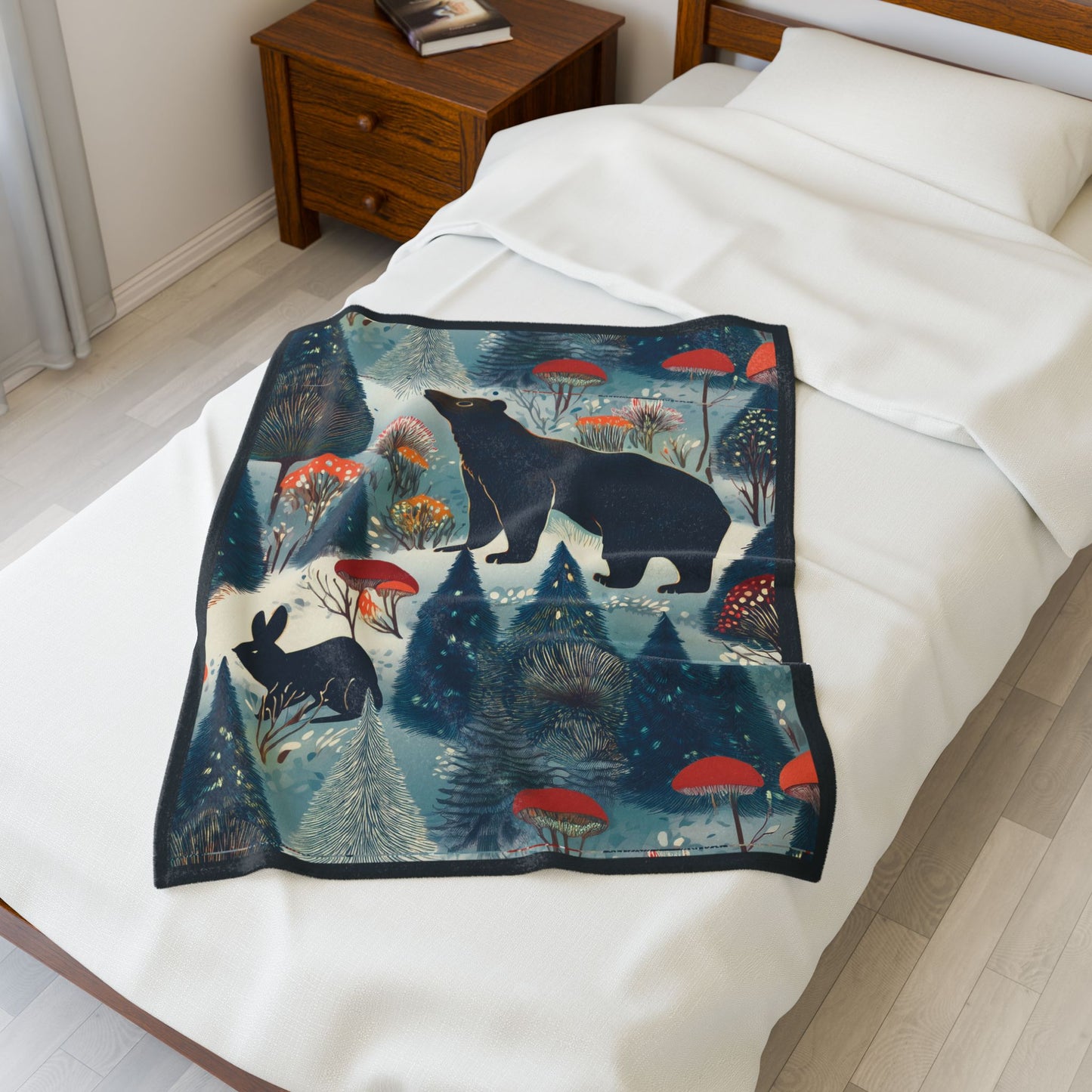 Winter Forest Bear & Rabbit Plush Blanket — Cozy Woodland Throw with Evergreen, Bear, Rabbit & Mushroom Design