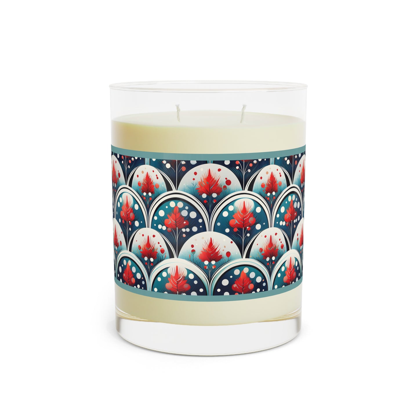 Scented Candle — 11oz Glass Candle with Red Floral Art Deco Pattern