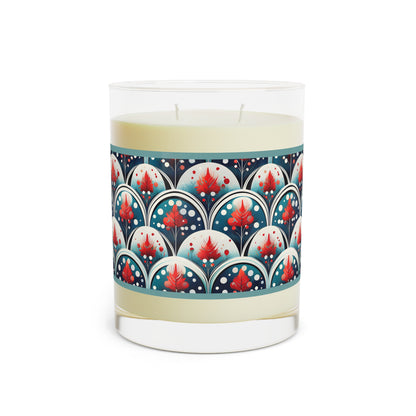 Scented Candle — 11oz Glass Candle with Red Floral Art Deco Pattern