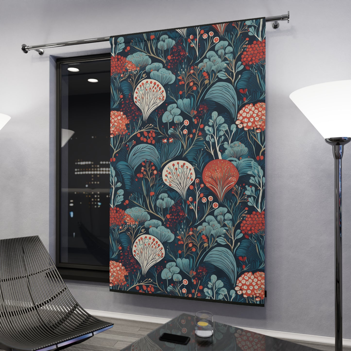 Botanical Floral Window Curtain — Dark Teal & Coral Decorative Drapery