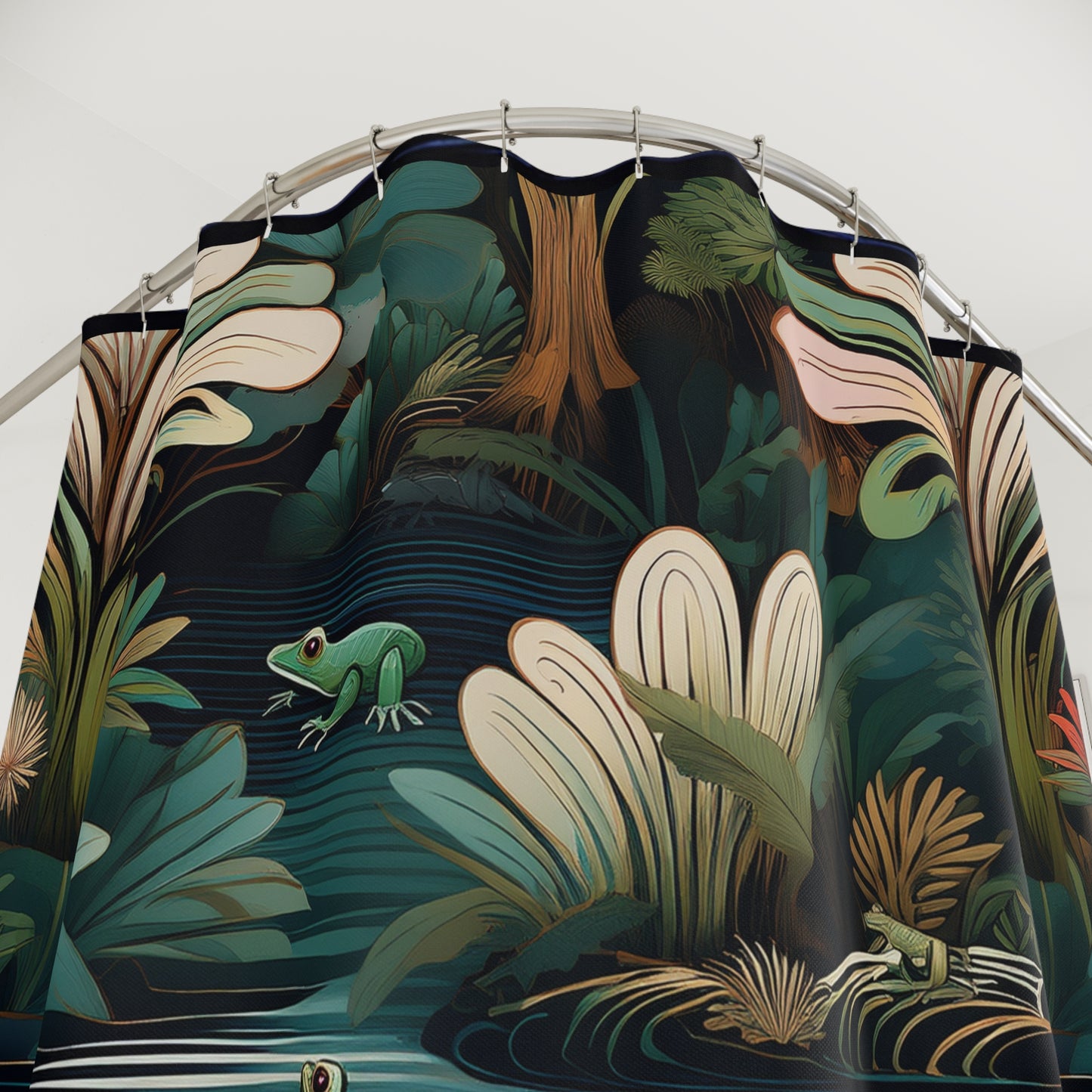 Nature-Inspired Shower Curtain with Frogs and Plants Design | Tropical Bathroom Decor