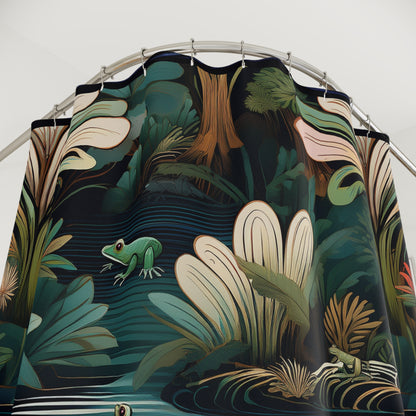 Nature-Inspired Shower Curtain with Frogs and Plants Design | Tropical Bathroom Decor