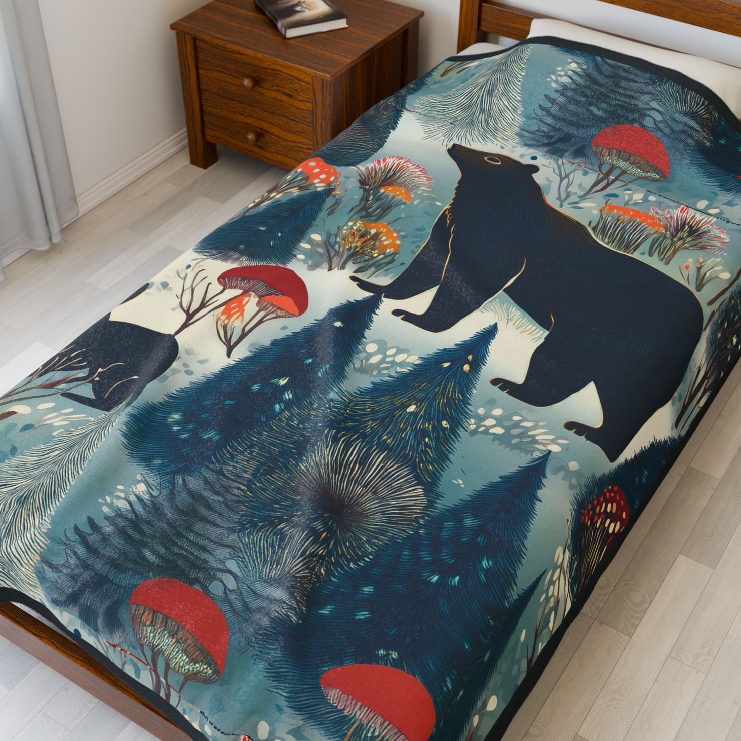 Winter Forest Bear & Rabbit Plush Blanket — Cozy Woodland Throw with Evergreen, Bear, Rabbit & Mushroom Design