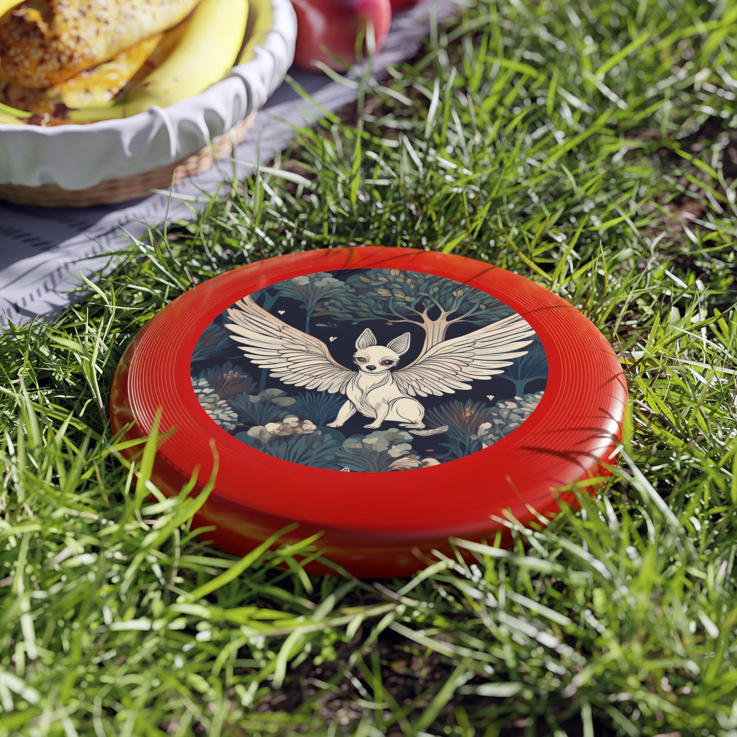 Artistic Frisbee with Whimsical Flying Dog and Orchard Design, Outdoor Fun, Gift for Nature Lovers, Unique Frisbee for Kids & Adults