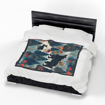 Winter Forest Bear & Rabbit Plush Blanket — Cozy Woodland Throw with Evergreen, Bear, Rabbit & Mushroom Design