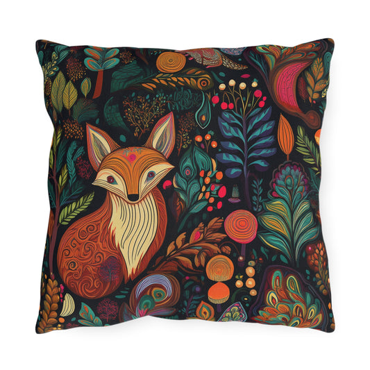 Fox Forest Outdoor Pillow — Colorful Woodland Decorative Cushion for Patio & Garden