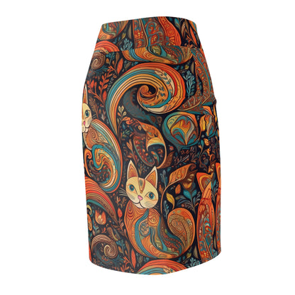 Bohemian Cat Print Women's Pencil Skirt - Stylish & Unique Fashion Statement