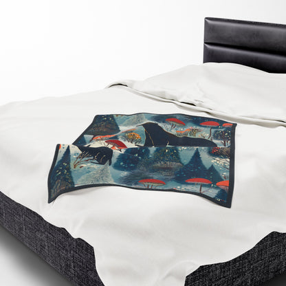 Winter Forest Bear & Rabbit Plush Blanket — Cozy Woodland Throw with Evergreen, Bear, Rabbit & Mushroom Design