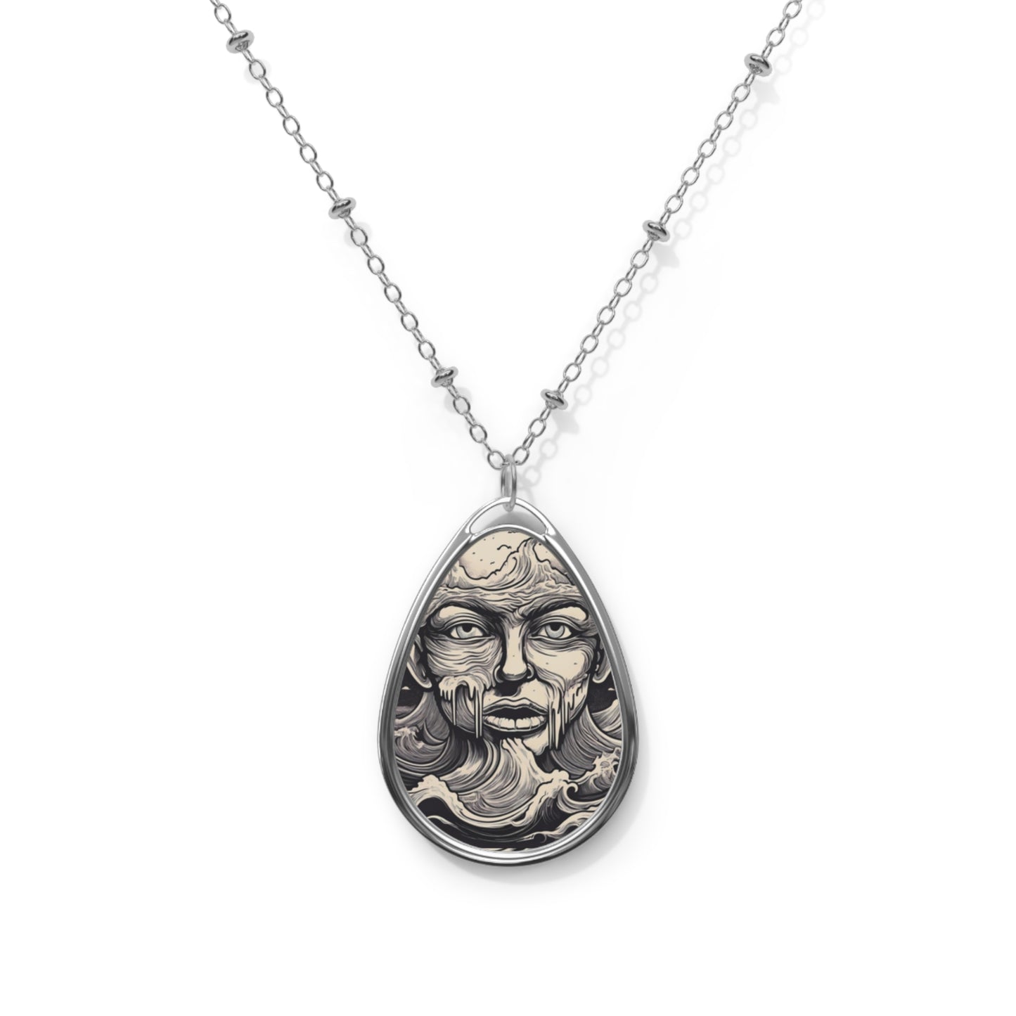 Bohemian Oval Necklace with Wave and Face Design, Unique Jewelry Gift, Ocean Lover, Nature-Inspired Pendant, Artisan Necklace, Unique
