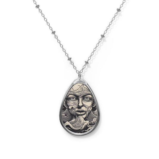 Bohemian Oval Necklace with Wave and Face Design, Unique Jewelry Gift, Ocean Lover, Nature-Inspired Pendant, Artisan Necklace, Unique