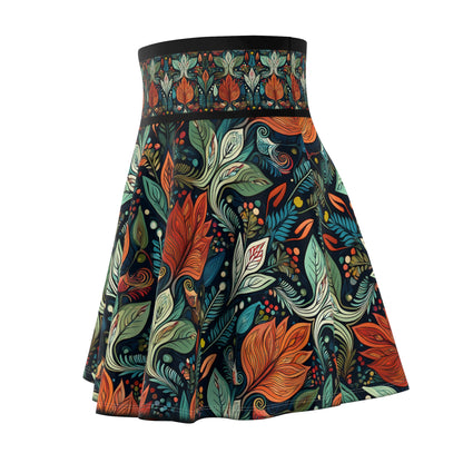 Skater Skirt, Retro Style Green & Gold Leaf Botanical Pattern, Wide Belt, Women's Fashion, Stylish A-Line Skirt, Flared Midi Skirt, Vintage