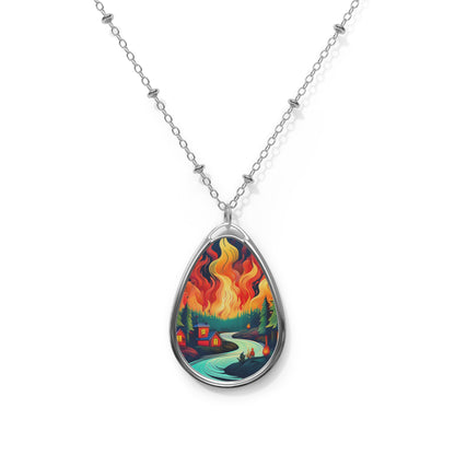 Forest Fire Oval Pendant, Woodland Jewelry, Unique Nature Gift, Bright Color Painting Necklace, Fishing