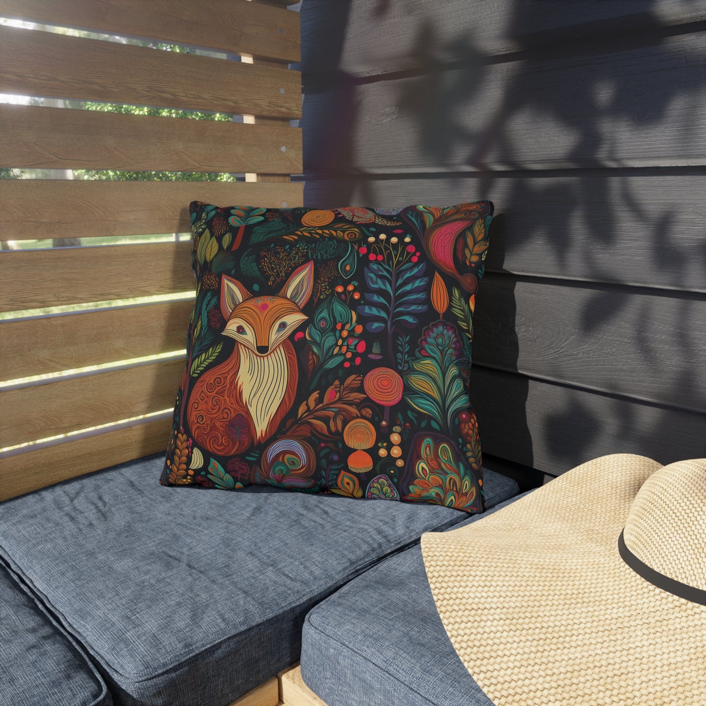 Fox Forest Outdoor Pillow — Colorful Woodland Decorative Cushion for Patio & Garden