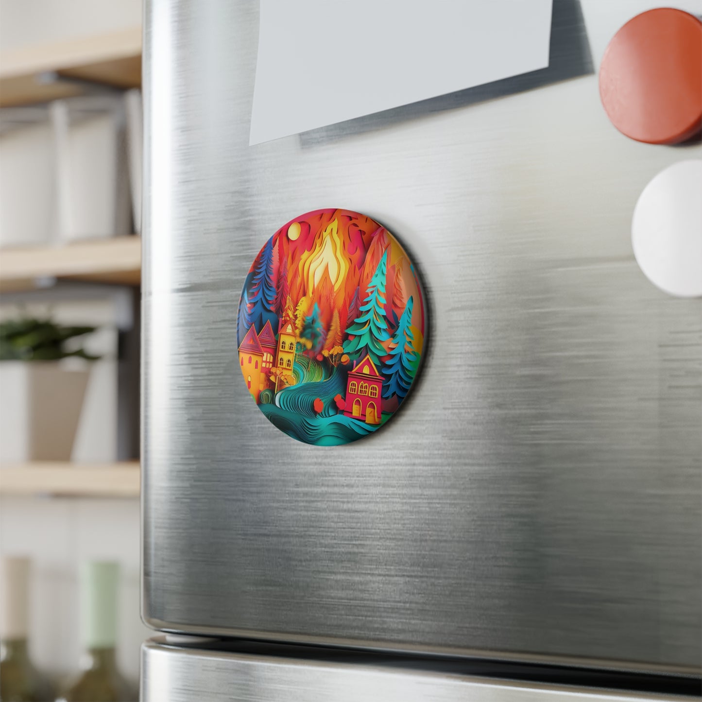 Forest Village Fire Round Button Magnet, Evergreen Trees Creek Fire Fridge Magnet, Nature Lover Gift, Kitchen Decor, Refrigerator