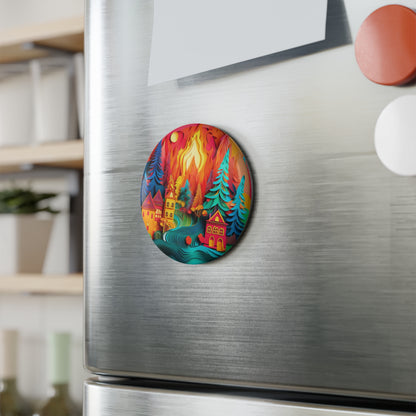 Forest Village Fire Round Button Magnet, Evergreen Trees Creek Fire Fridge Magnet, Nature Lover Gift, Kitchen Decor, Refrigerator