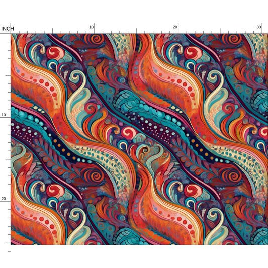 Repeat Pattern Fabric, Vibrant and Swirling diagonal Waves