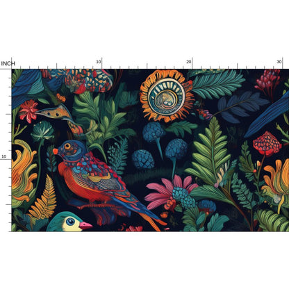 Fabric, bright psychedelic and stitched birds