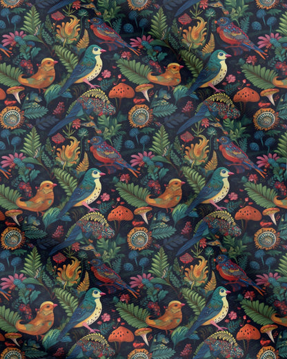 Fabric, bright psychedelic and stitched birds
