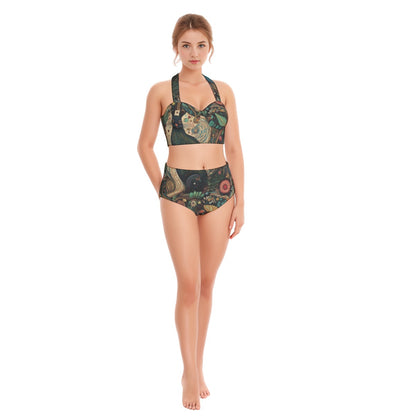 All-Over Print Women's Swimsuit Set With Halter, Black rabbits