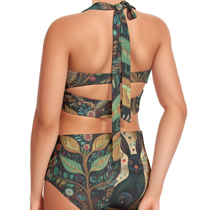 All-Over Print Women's Swimsuit Set With Halter, Black rabbits