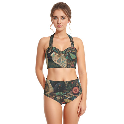 All-Over Print Women's Swimsuit Set With Halter, Black rabbits