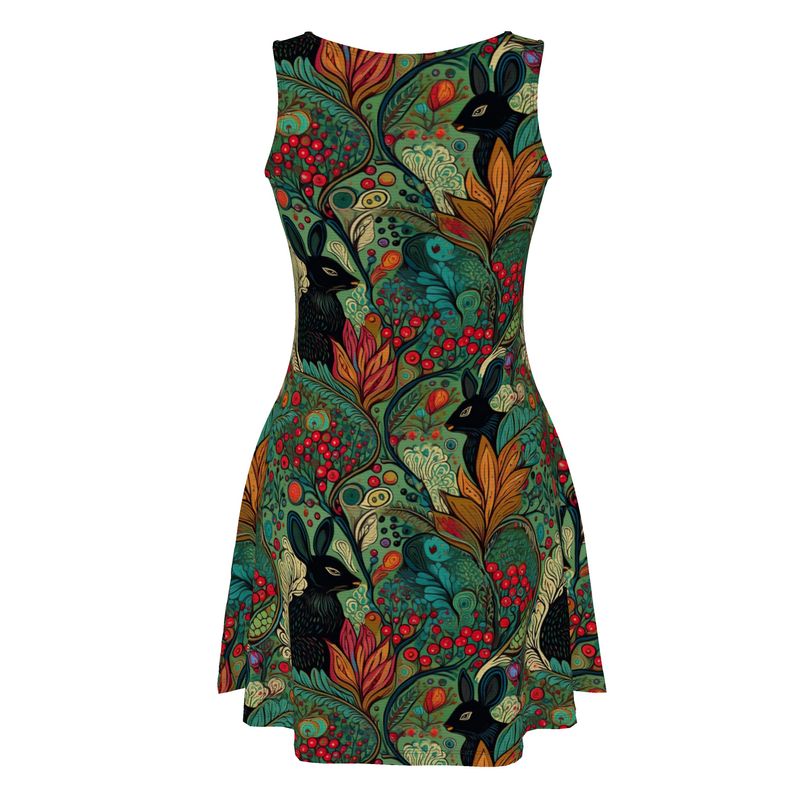 Skater Dress, black rabbits in green