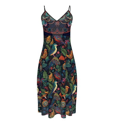 Sleeveless Midi Dress, Colorful Birds