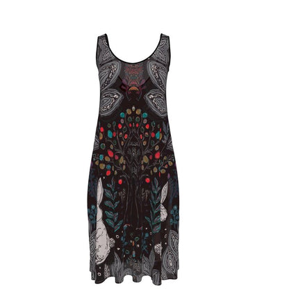 Sleeveless Midi Dress, white rabbit on black