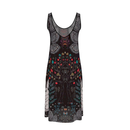 Sleeveless Midi Dress, white rabbit on black