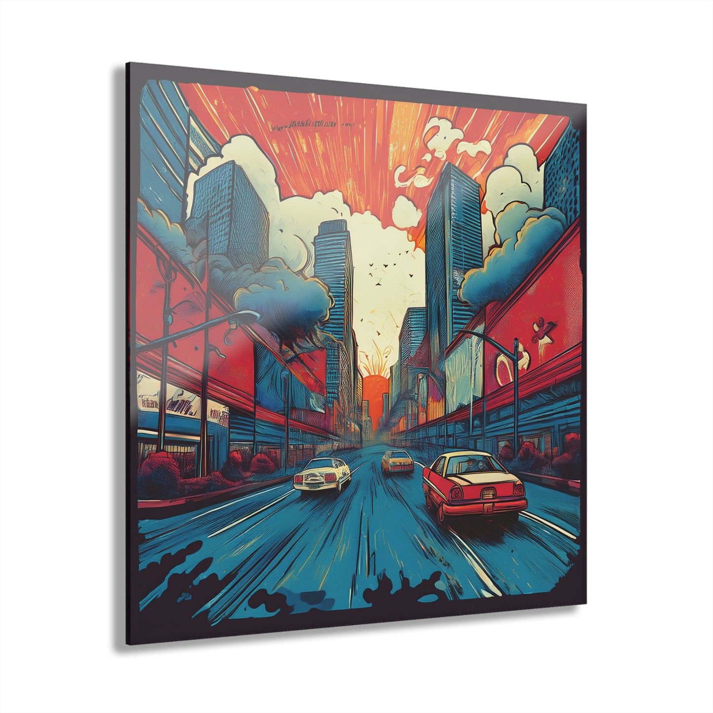 Retro Cityscape Acrylic Print (French Cleat Hanging), Home Decor, Vibrant Colors, Cars, Urban Art, Automotive Art, Pop Art