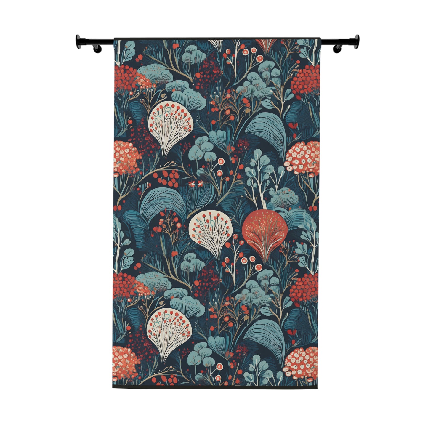 Botanical Floral Window Curtain — Dark Teal & Coral Decorative Drapery