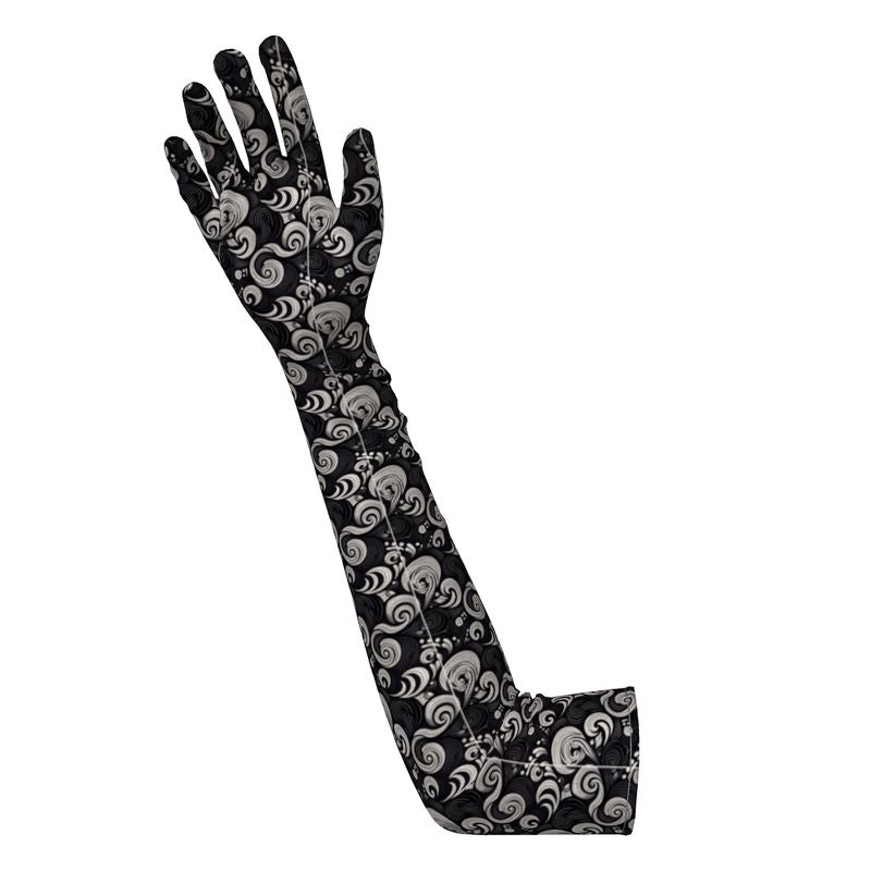 Long Black and White Paisley Spiral Gloves