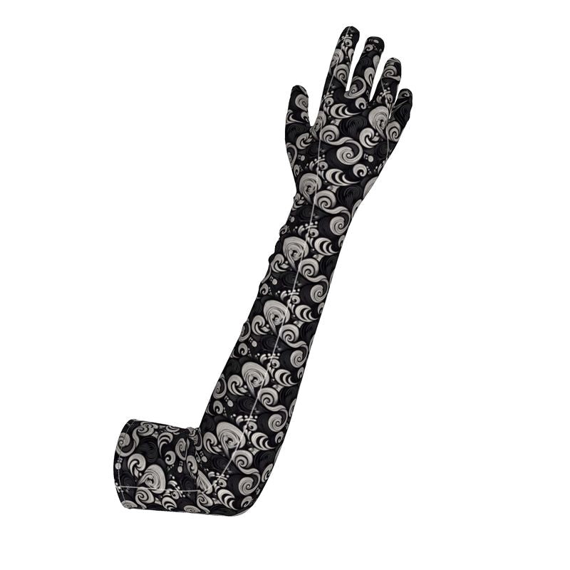 Long Black and White Paisley Spiral Gloves