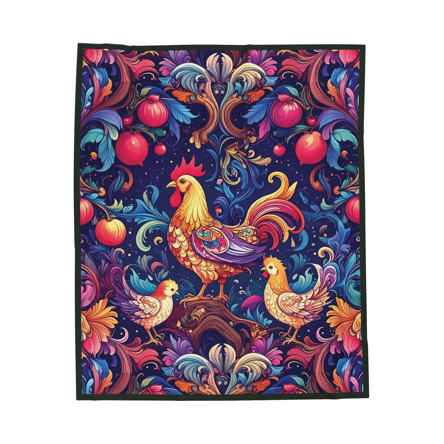 Colorful Rooster and Chicks Velveteen Plush Blanket | Folk Floral Pattern