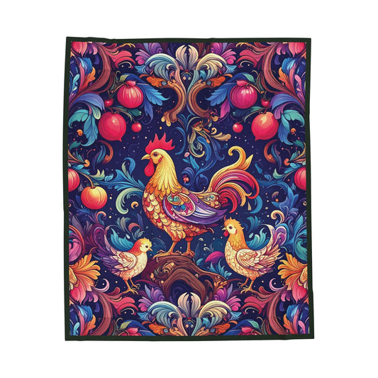 Colorful Rooster and Chicks Velveteen Plush Blanket | Folk Floral Pattern