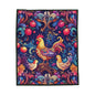 Colorful Rooster and Chicks Velveteen Plush Blanket | Folk Floral Pattern