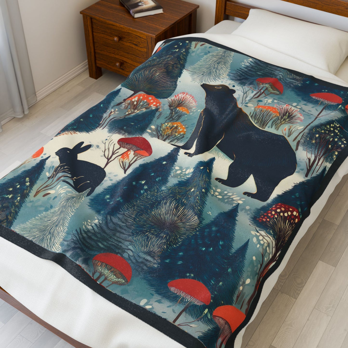 Winter Forest Bear & Rabbit Plush Blanket — Cozy Woodland Throw with Evergreen, Bear, Rabbit & Mushroom Design