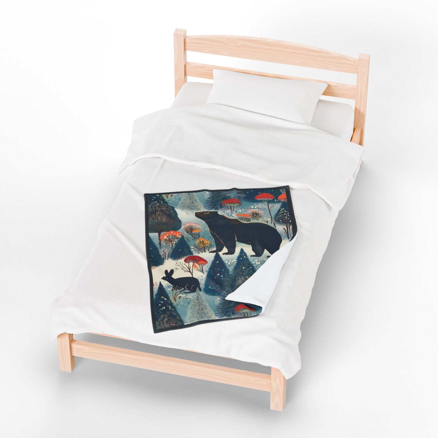 Winter Forest Bear & Rabbit Plush Blanket — Cozy Woodland Throw with Evergreen, Bear, Rabbit & Mushroom Design