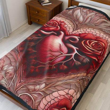 Plush Blanket, Heart Rose Design - Cozy Throw, Soft Bedding, Valentine's Day Gift, Anatomical Heart Decor, Romantic Home Decor