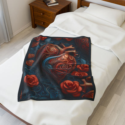 Plush Blanket, Heart Rose Design - Cozy Throw, Soft Bedding, Valentine's Day Gift, Anatomical Heart Decor, Romantic Home Decor