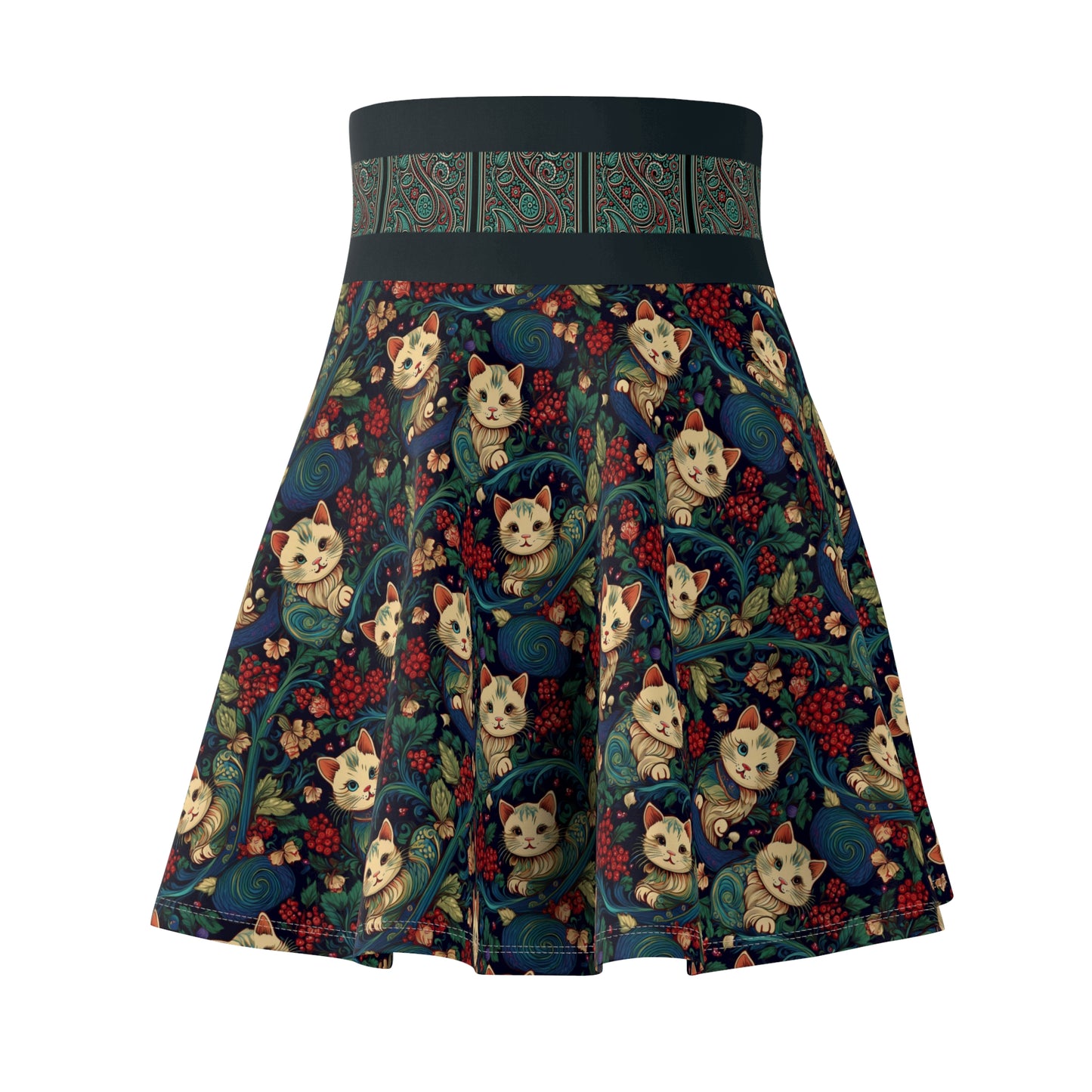Whimsical Cat Print Skater Skirt for Women - Fun and Playful Design